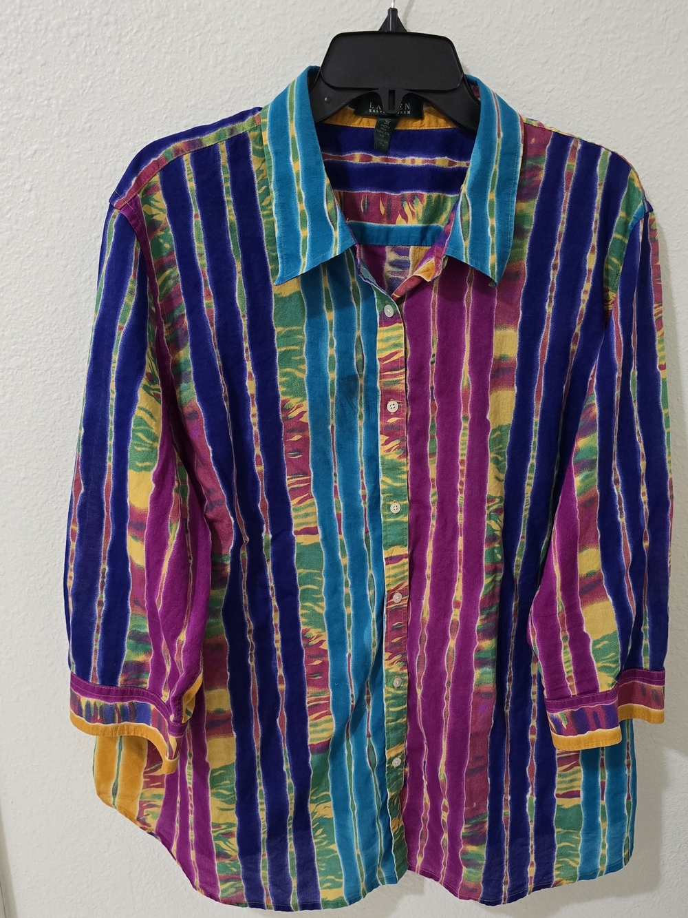 Vibrant Ralph Lauren Button-up Blouse Featuring a Colorful Vertical Tie-dye.